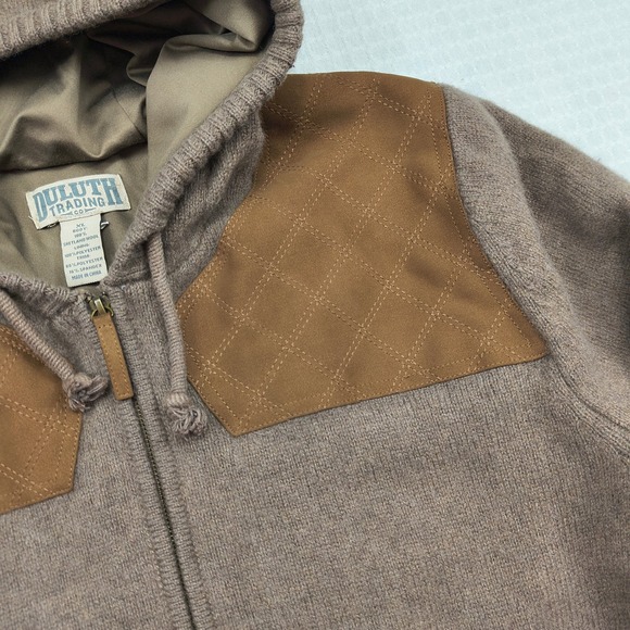Duluth Trading Mens XL Shetland Wool Full Zip Hooded Sweater Brown Quilted Trim - Picture 4 of 11